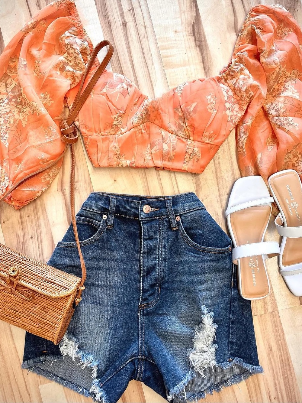Peach Floral Chiffon Tie-Back Puff Sleeve Crop Top